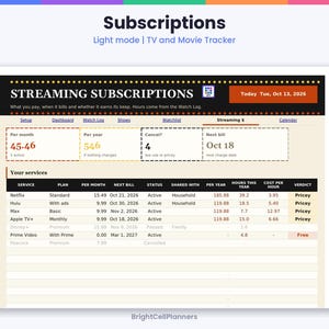 May include: A digital streaming subscription tracker in light mode featuring a header with the text Streaming Subscriptions, Today Tue, Oct 13, 2026, and a table listing services like Netflix, Hulu, Max, Apple TV+, Disney+, and Prime Video.