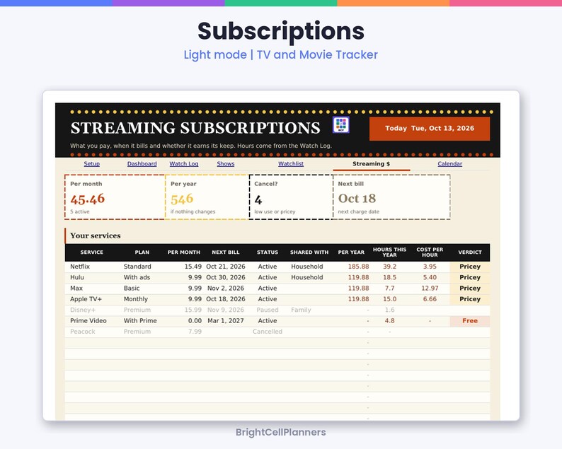 May include: A digital streaming subscription tracker in light mode featuring a header with the text Streaming Subscriptions, Today Tue, Oct 13, 2026, and a table listing services like Netflix, Hulu, Max, Apple TV+, Disney+, and Prime Video.