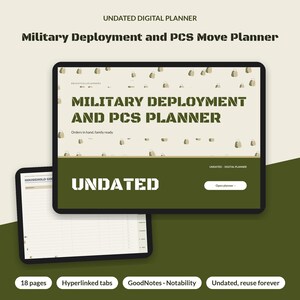 May include: An undated digital planner for military deployment and PCS moves, displayed on a tablet screen with a dark olive green and cream color scheme. The interface features the text Military Deployment and PCS Planner.