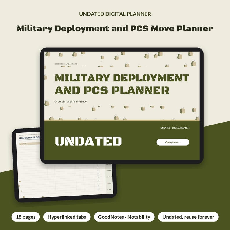 May include: An undated digital planner for military deployment and PCS moves, displayed on a tablet screen with a dark olive green and cream color scheme. The interface features the text Military Deployment and PCS Planner.