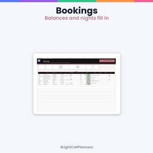 May include: A digital spreadsheet interface titled Bookings with columns for balances and nights. The display features a dark header, numerical summary boxes, and a detailed table with rows of data, including green status cells and text.