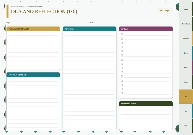 May include: A digital planner page titled DUA AND REFLECTION (1/6) with sections for Today I Am Grateful For, Reflection, My Duas with checkboxes, Ayah That Moved Me, and Good Deed Today. A side navigation bar lists Index, Intentions, Fasting, Quran, Salah, Meals, Dua, Eid, and Notes.