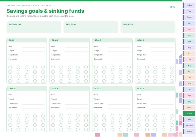 May include: A digital budget planner page titled Savings goals & sinking funds for 2027. It features eight sections for individual goals with lines for target dates and monthly amounts, plus rows of empty circles to track progress.
