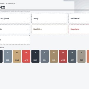 Peut inclure: Une page d'index de planificateur de valeur nette num&eacute;rique avec une barre lat&eacute;rale de navigation et une grille de tuiles interactives intitul&eacute;es Year at a glance, Setup, Dashboard, Assets, Liabilities, Snapshots et Notes, avec un calendrier 2027.