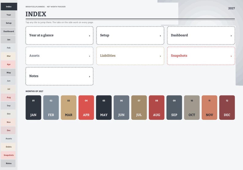 Peut inclure: Une page d'index de planificateur de valeur nette num&eacute;rique avec une barre lat&eacute;rale de navigation et une grille de tuiles interactives intitul&eacute;es Year at a glance, Setup, Dashboard, Assets, Liabilities, Snapshots et Notes, avec un calendrier 2027.
