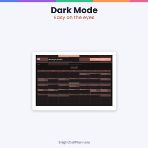 May include: A digital monthly calendar interface displayed on a screen with a dark mode color scheme. The text reads Dark Mode, Easy on the eyes, Monthly Calendar, October 2020, and BrightCellPlanners. The layout features a grid.
