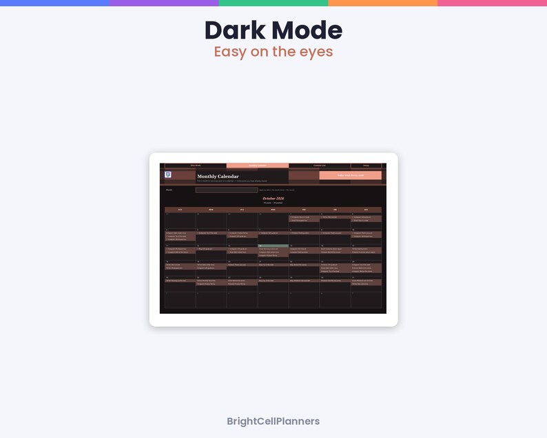 May include: A digital monthly calendar interface displayed on a screen with a dark mode color scheme. The text reads Dark Mode, Easy on the eyes, Monthly Calendar, October 2020, and BrightCellPlanners. The layout features a grid.