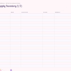 May include: A digital planner page titled Supply Inventory (1/2) with columns for product, brand, color or size, on hand, reorder at, and ordered. The layout features a light purple background with a sidebar containing monthly tabs.