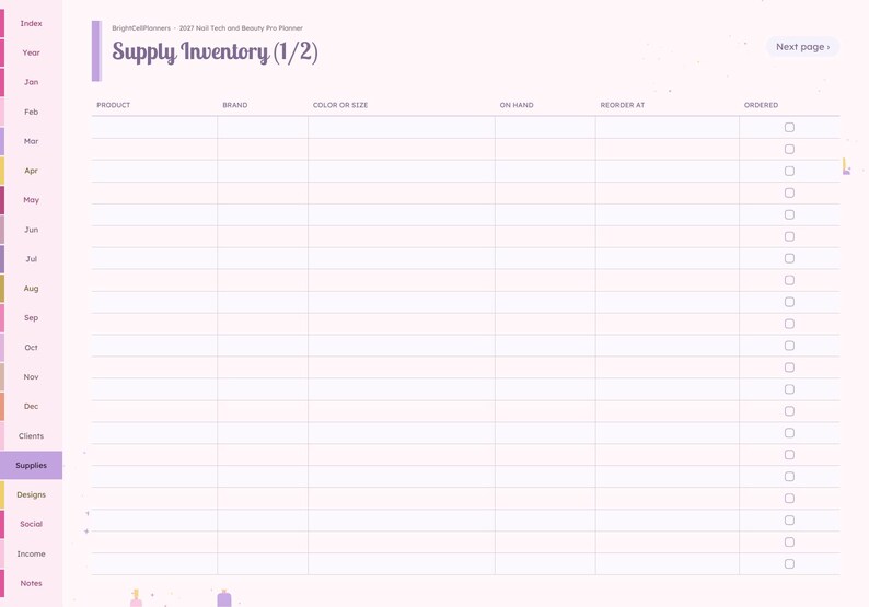 May include: A digital planner page titled Supply Inventory (1/2) with columns for product, brand, color or size, on hand, reorder at, and ordered. The layout features a light purple background with a sidebar containing monthly tabs.