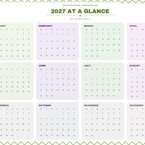 May include: A 2027 digital calendar planner page titled 2027 AT A GLANCE. It features twelve monthly grids in light green and light purple boxes, with a sidebar navigation menu listing Index, Year, Setup, Dashboard, months, Weeks, Records, and Notes.