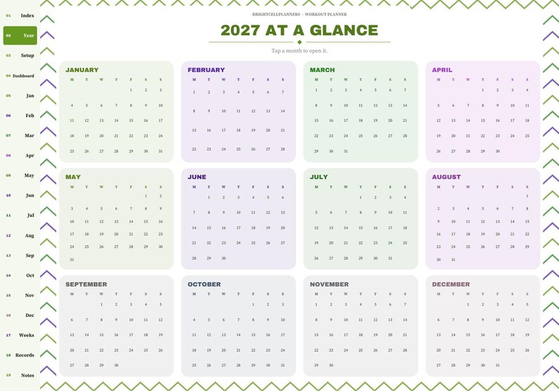 May include: A 2027 digital calendar planner page titled 2027 AT A GLANCE. It features twelve monthly grids in light green and light purple boxes, with a sidebar navigation menu listing Index, Year, Setup, Dashboard, months, Weeks, Records, and Notes.