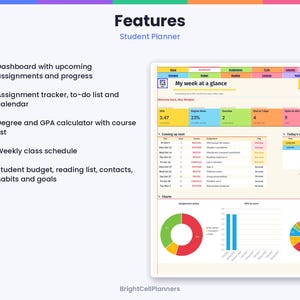 May include: A digital student planner interface featuring a dashboard with assignment trackers, a GPA calculator, a weekly class schedule, and budget tools. The screen displays charts, progress bars, and the text My week at a glance.