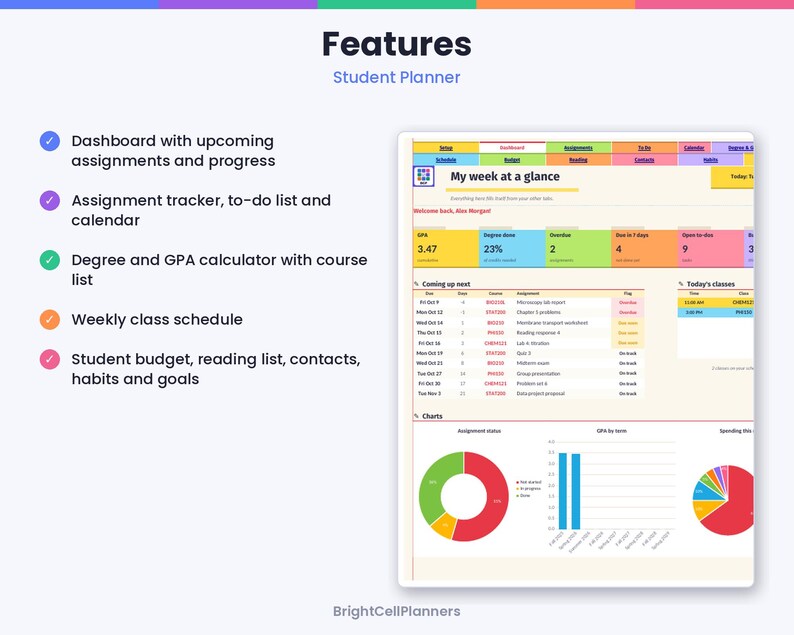 May include: A digital student planner interface featuring a dashboard with assignment trackers, a GPA calculator, a weekly class schedule, and budget tools. The screen displays charts, progress bars, and the text My week at a glance.