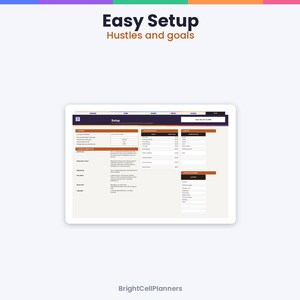 May include: A digital spreadsheet interface titled Easy Setup Hustles and goals by BrightCellPlanners. The screen displays a structured layout with columns for business information, financial data, and operational categories in dark purple and orange.