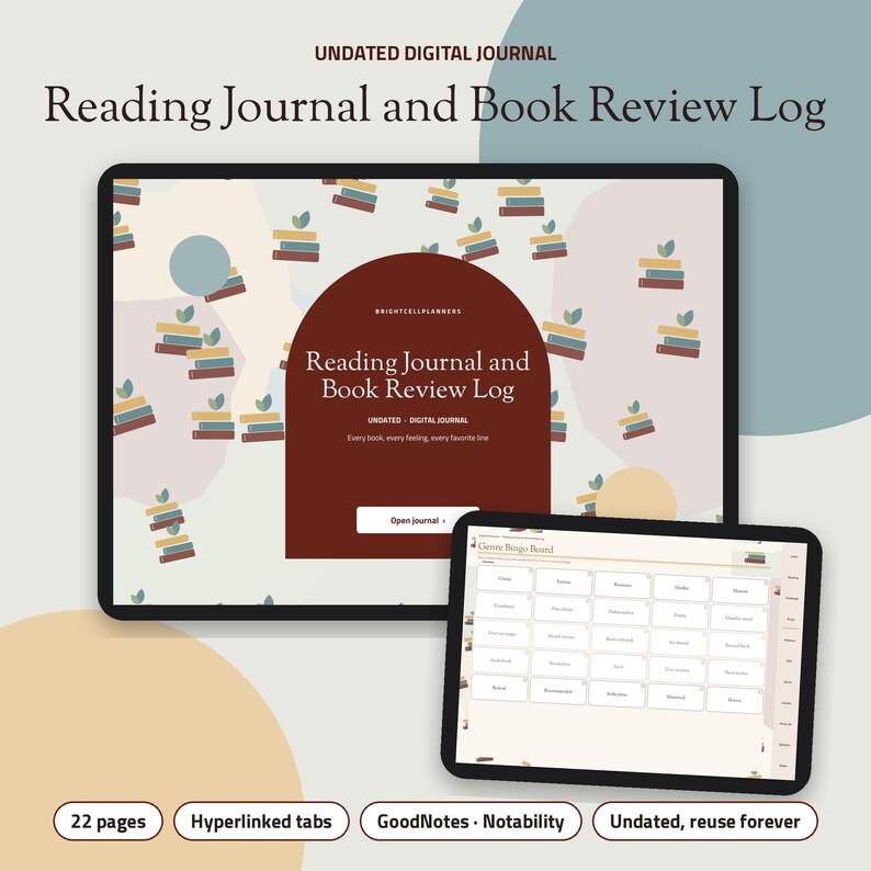 May include: A digital reading journal and book review log displayed on two tablets. The screen shows a dark red arch with the text Reading Journal and Book Review Log, and a pattern of stacked books. A second tablet displays a genre bingo board.