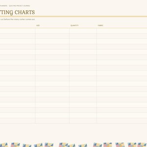 May include: A digital quilting project journal page titled Cutting Charts with columns for piece, size, quantity, fabric, and cut checkboxes. The left side features navigation tabs for index, projects, stash, blocks, cutting, gifts, and notes.