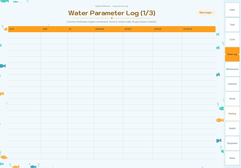 Aquarium Log Digital, Fish Tank Maintenance Tracker, Water Parameters Log, Water Change Schedule, Fish Inventory, Plants image 4