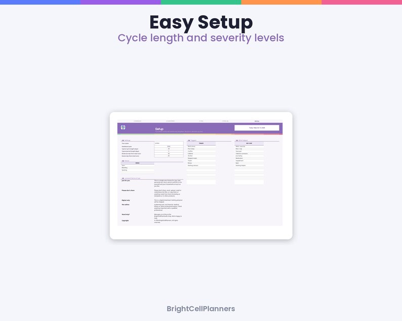 Puede incluir: Una interfaz digital titulada Easy Setup Cycle length and severity levels con un encabezado morado y fondo blanco. La pantalla muestra varios campos de entrada, categor&iacute;as e instrucciones de texto para configurar los ajustes. BrightCellPlanners.