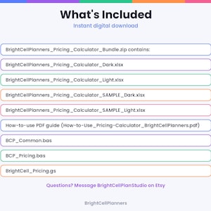 May include: A digital file list titled What's Included containing BrightCellPlanners_Pricing_Calculator_Bundle.zip, BrightCellPlanners_Pricing_Calculator_Dark.xlsx, BrightCellPlanners_Pricing_Calculator_Light.xlsx, and various other files.