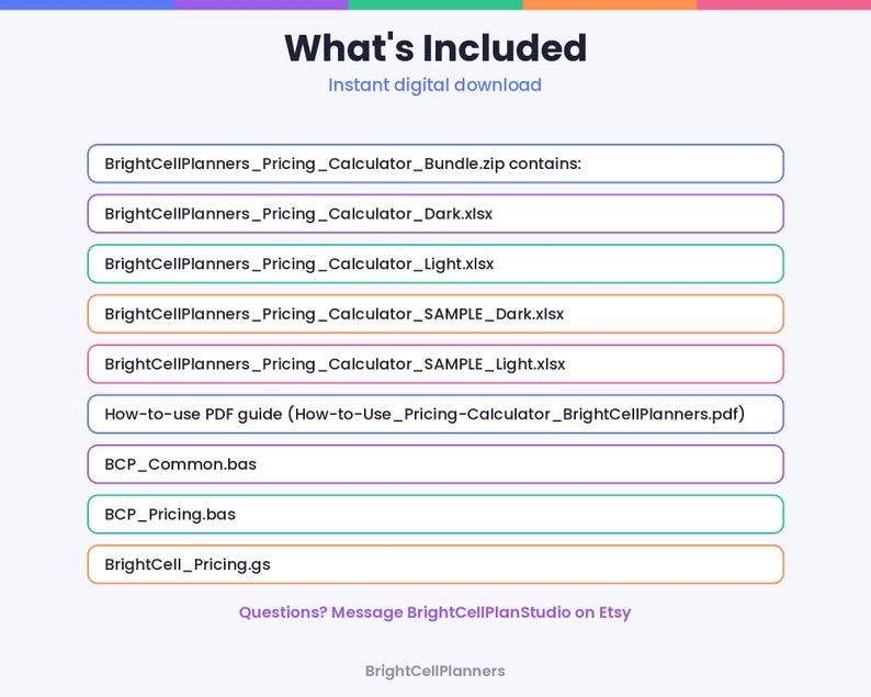 May include: A digital file list titled What's Included containing BrightCellPlanners_Pricing_Calculator_Bundle.zip, BrightCellPlanners_Pricing_Calculator_Dark.xlsx, BrightCellPlanners_Pricing_Calculator_Light.xlsx, and various other files.