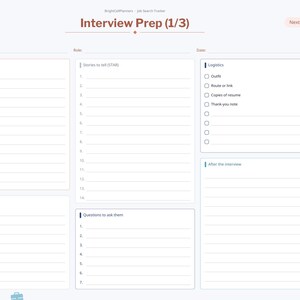 May include: A digital job search planner page titled Interview Prep (1/3) with sections for company research, role, date, stories to tell, logistics checklist, questions to ask, and after the interview notes, featuring a sidebar navigation menu.