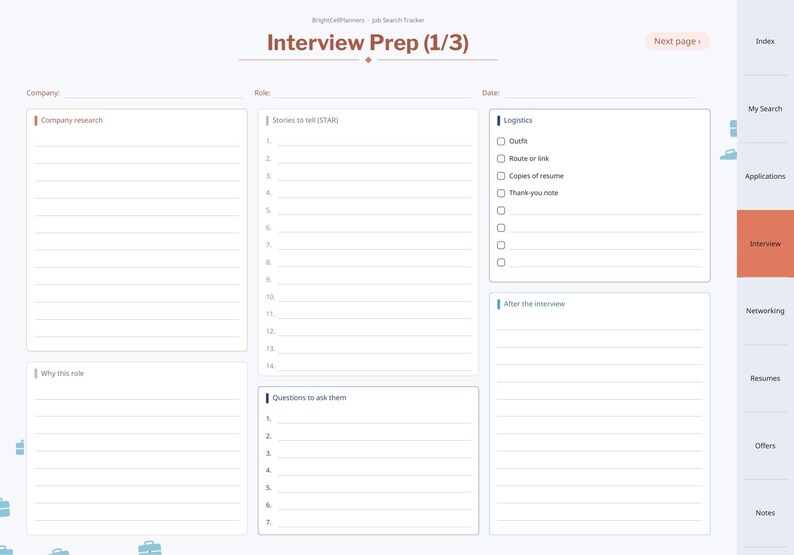 May include: A digital job search planner page titled Interview Prep (1/3) with sections for company research, role, date, stories to tell, logistics checklist, questions to ask, and after the interview notes, featuring a sidebar navigation menu.