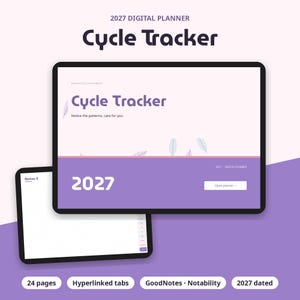 Może przedstawiać: Cyfrowy planer na rok 2027 zatytułowany Cycle Tracker w kolorystyce fioletowej i jasnor&oacute;żowej. Interfejs zawiera tekst Cycle Tracker, Notice the patterns, care for you oraz 2027. Zawiera dodatkowy widok strony z notatkami w kratkę.