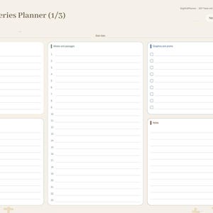 K&ouml;nnte beinhalten: Eine digitale Sermon Series Planner-Seite mit hellbeigem Hintergrund. Das Layout enth&auml;lt Abschnitte f&uuml;r Serientitel und Thema, Wochen und Passagen, Grafiken und Promo, die Hauptidee sowie Notizen. Eine Navigationsleiste listet Monate und Kategorien.