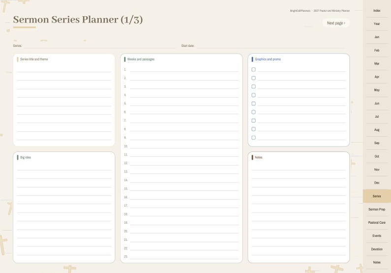K&ouml;nnte beinhalten: Eine digitale Sermon Series Planner-Seite mit hellbeigem Hintergrund. Das Layout enth&auml;lt Abschnitte f&uuml;r Serientitel und Thema, Wochen und Passagen, Grafiken und Promo, die Hauptidee sowie Notizen. Eine Navigationsleiste listet Monate und Kategorien.