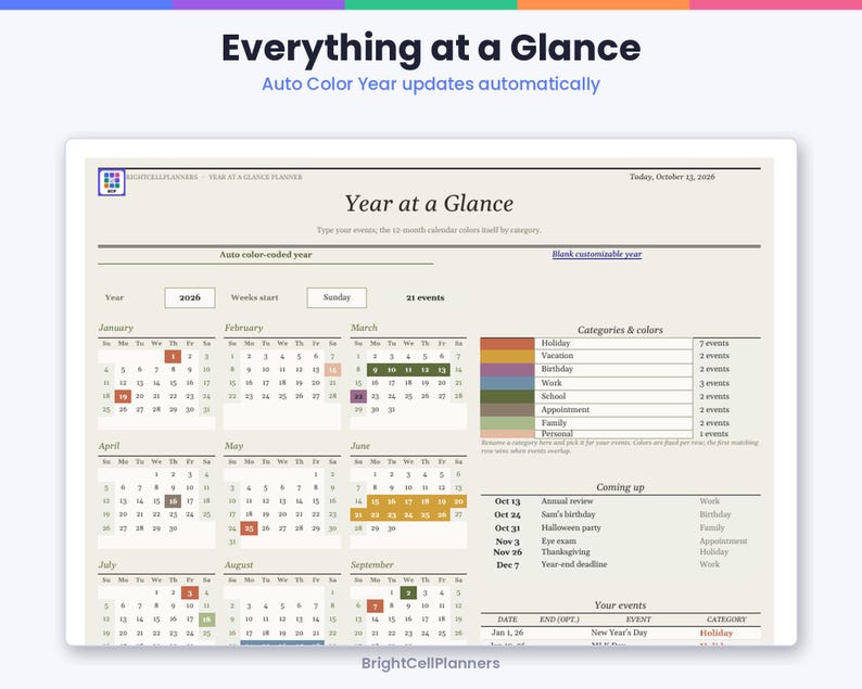 K&ouml;nnte beinhalten: Eine digitale Jahresplaner-Vorlage mit beigem Hintergrund. Das Layout enth&auml;lt einen 12-Monats-Kalender f&uuml;r 2026, einen Bereich f&uuml;r automatisch farbcodierte Kategorien, eine Liste f&uuml;r anstehende Termine sowie eine Tabelle f&uuml;r Ereignisse.