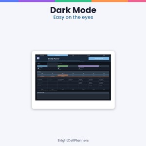 May include: A digital weekly planner interface displayed on a screen with a dark mode theme. The layout features a dark background with light text, organised into columns and rows for scheduling. The text reads Dark Mode, Easy on the eyes, Weekly Planner, and BrightCellPlanners.