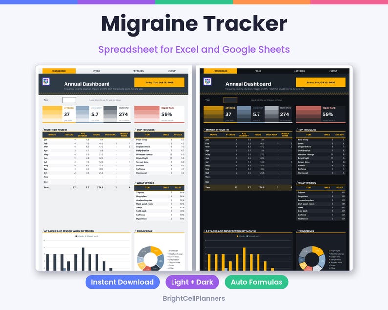 May include: A digital migraine tracker spreadsheet for Excel and Google Sheets featuring two annual dashboard views in light and dark modes. The interface displays monthly attack counts, trigger analysis, and visual charts for data tracking.