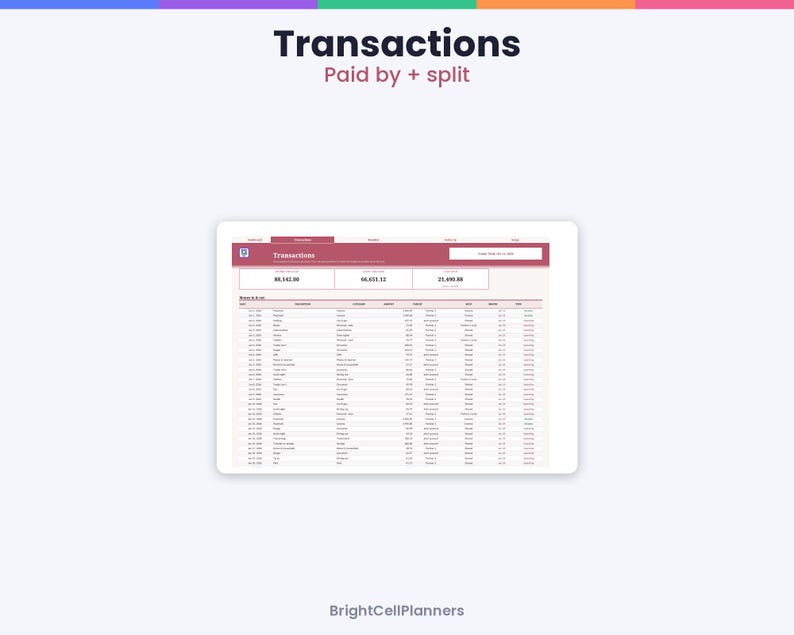 May include: A digital spreadsheet interface titled Transactions Paid by + split, displaying a table with columns for date, description, category, amount, status, and notes, with a maroon header and white background, labeled BrightCellPlanners.