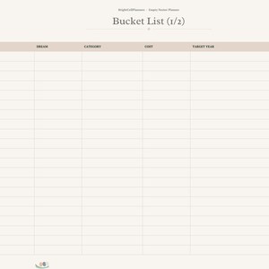 May include: A digital planner page titled Bucket List (1/2) with a beige background. The table includes columns for No., Dream, Category, Cost, Target Year, and Done. A vertical navigation bar on the left features circular icons for sections.