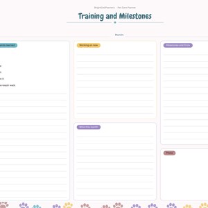 May include: A digital pet care planner page titled Training and Milestones with sections for Commands learned, Working on now, Milestones and firsts, Wins this month, and Photos. The layout features colorful tabs and paw print accents.