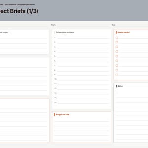 May include: A digital project planner page titled Project Briefs (1/3) with sections for client, project, start, due, goals, deliverables, assets needed, scope, budget, and notes. The layout features a sidebar with monthly navigation tabs.