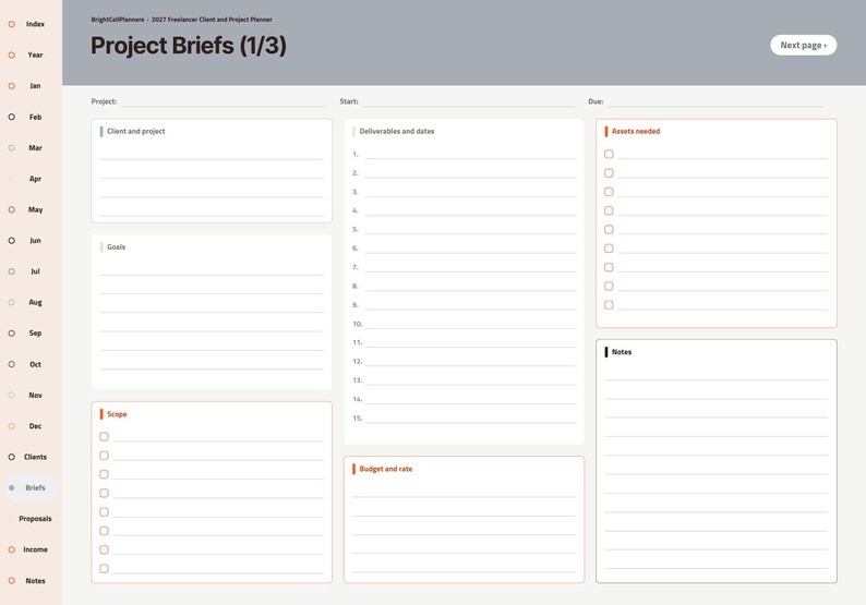 May include: A digital project planner page titled Project Briefs (1/3) with sections for client, project, start, due, goals, deliverables, assets needed, scope, budget, and notes. The layout features a sidebar with monthly navigation tabs.