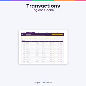 May include: A digital spreadsheet interface titled Transactions with the subtitle Log once, done. The display shows a table with columns for date, description, category, and amount, featuring a purple header and white background.