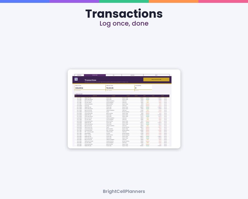 May include: A digital spreadsheet interface titled Transactions with the subtitle Log once, done. The display shows a table with columns for date, description, category, and amount, featuring a purple header and white background.