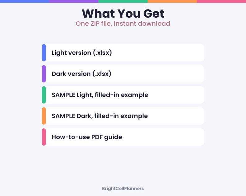 May include: A digital product listing graphic titled What You Get, One ZIP file, instant download. It lists five items: Light version (.xlsx), Dark version (.xlsx), SAMPLE Light, filled-in example, SAMPLE Dark, filled-in example, and How-to-use PDF guide.