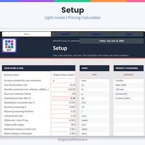 May include: A digital pricing calculator spreadsheet titled Setup for BrightCellPlanners. The interface displays columns for rates and fees including business name Maple & Moss Studio, units, and product categories on a light gray background.