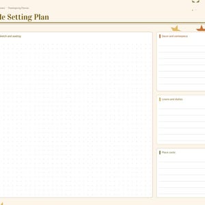 Puede incluir: Una p&aacute;gina de planificador digital Table Setting Plan con fondo crema y detalles de hojas de oto&ntilde;o. Incluye una gran secci&oacute;n de cuadr&iacute;cula de puntos para bocetos, adem&aacute;s de &aacute;reas con l&iacute;neas para decoraci&oacute;n, vajilla y tarjetas de lugar.
