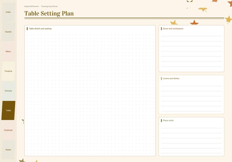 Puede incluir: Una p&aacute;gina de planificador digital Table Setting Plan con fondo crema y detalles de hojas de oto&ntilde;o. Incluye una gran secci&oacute;n de cuadr&iacute;cula de puntos para bocetos, adem&aacute;s de &aacute;reas con l&iacute;neas para decoraci&oacute;n, vajilla y tarjetas de lugar.