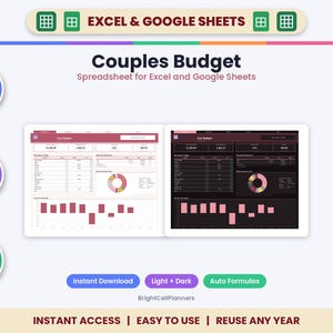 Couples Budget Spreadsheet for Excel & Google Sheets - Shared Expenses Split, Fair Share by Income, Monthly Budget
