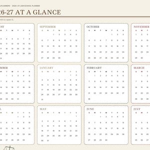 May include: A 2026-27 digital law school planner page titled 2026-27 AT A GLANCE. The layout features twelve monthly calendar grids from August to July, organized in a grid with a sidebar containing navigation tabs for index, year, months, case briefs, outlines, exams, bar prep, internship, and notes.
