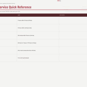 May include: A digital planner page titled Hours of Service Quick Reference for 2027. The table lists rules for property carriers including driving limits, on-duty windows, breaks, weekly limits, restarts, and sleeper berth splits with notes.
