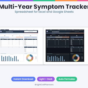 May include: A Multi-Year Symptom Tracker spreadsheet for Excel and Google Sheets featuring two dashboard views in light and dark modes. The interface displays annual data, numerical summaries, bar charts, and pie charts for health tracking.