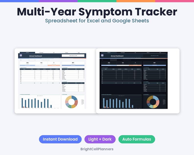 May include: A Multi-Year Symptom Tracker spreadsheet for Excel and Google Sheets featuring two dashboard views in light and dark modes. The interface displays annual data, numerical summaries, bar charts, and pie charts for health tracking.