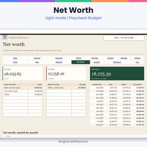 Puede incluir: Una interfaz de planificador financiero de patrimonio neto titulada BrightCellPlanners. El panel muestra secciones para activos, pasivos y c&aacute;lculos de patrimonio neto con tablas que rastrean los totales mensuales de efectivo.