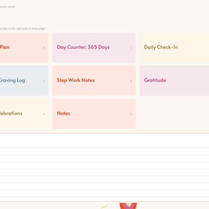 May include: A digital recovery journal index page featuring a grid of pastel-colored navigation tiles labeled My Recovery Plan, Day Counter: 365 Days, Daily Check-In, Trigger and Craving Log, Step Work Notes, Gratitude, Milestone Celebrations, and Notes.